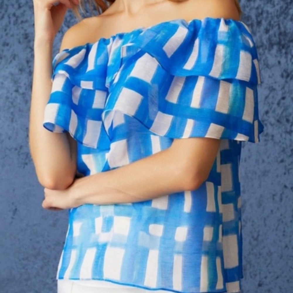 MARIE OLIVER Yaya Blouse In Amalfi Madras Ruffle Top Off The Shoulder Chic Small